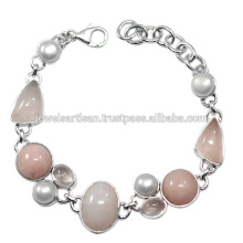 Rosa Opal E Rose Quartz Com Pérola Gemstone 925 Solid Silver Bracelet